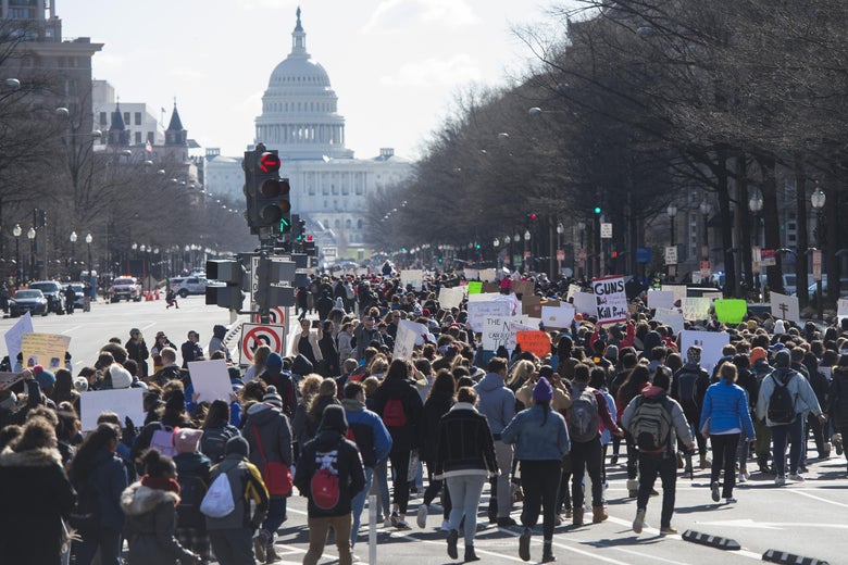 Thousands of students march down Pennsylvania Avenue from the White House to the US Capitol.